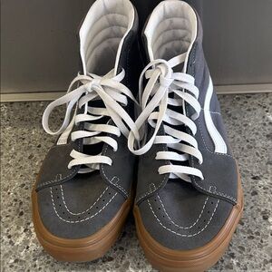 Vans Men's High-Top Sneakers in Gray with White Stripe and Gum Sole